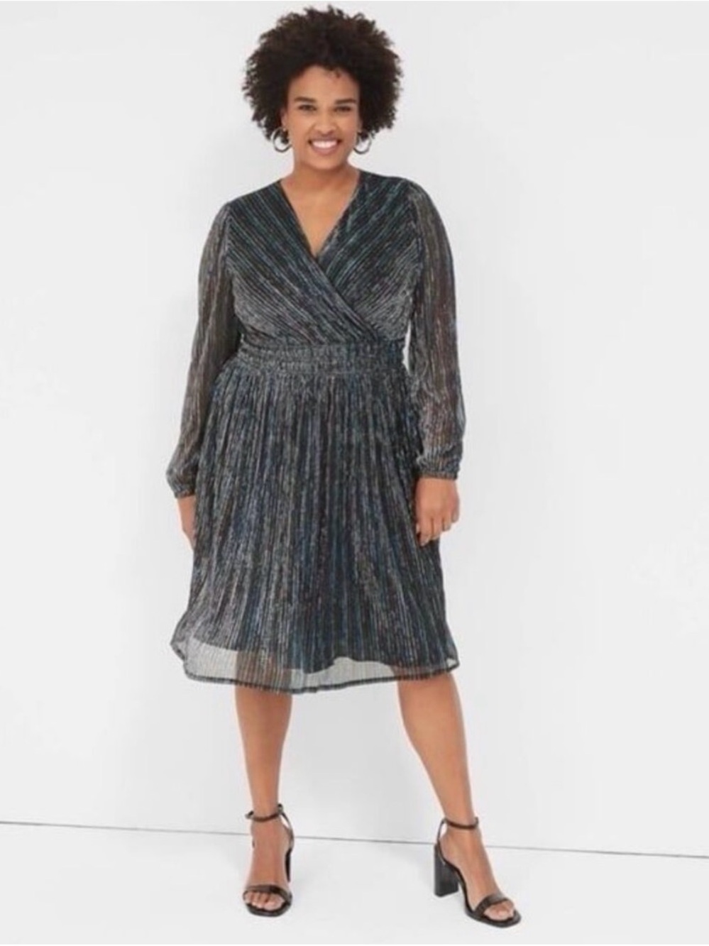 LANE BRYANT Lane Bryant Lurex Blouson-Sleeve Metallic Knit Party Dress